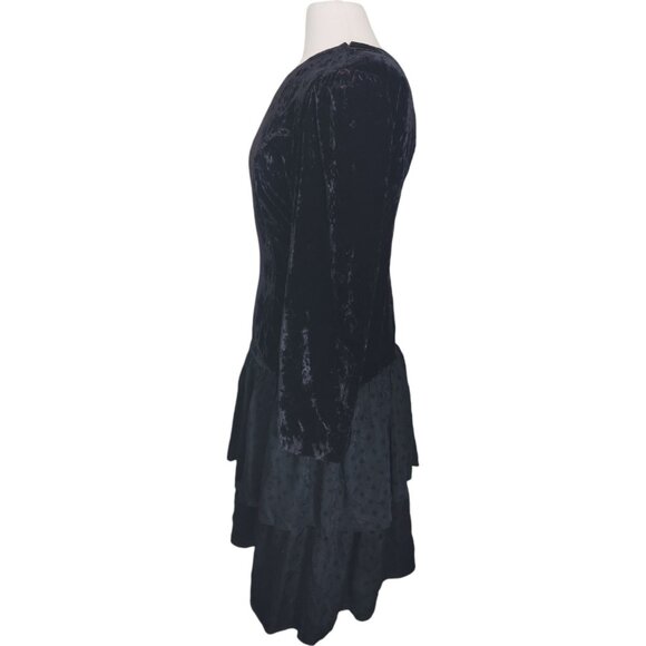 Vtg 80s Witchcore Black Velvet Dress 6 Drop Waist Ruffle Skirt Witchy Grunge - Picture 2 of 16